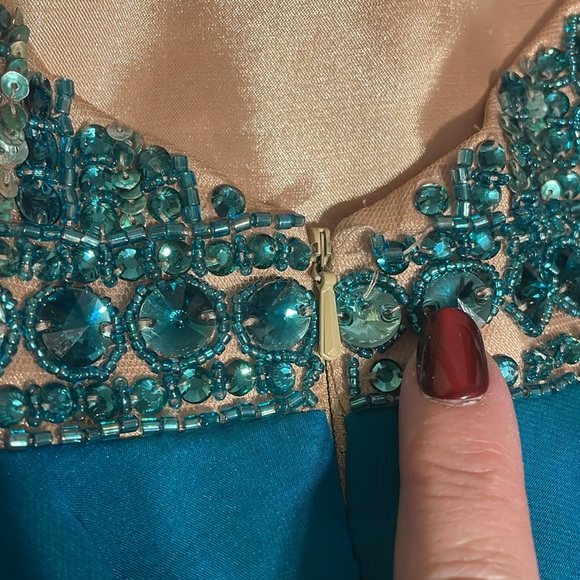 Sherri Hill Teal Beaded & Chiffon Open Back Short Prom Dress, Size 8, Dance - Picture 12 of 12